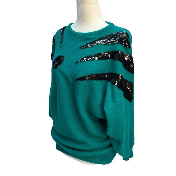vintage 80's Green Crew Neck Sweater Black Sequin Detailing Size M - Picture 4 of 11